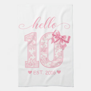 Hello 10 Birthday Pink Hello 10 Custom Year Kitchen Towel