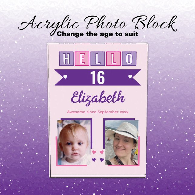 Hello 16 (any age) name est date pink purple photo block (Creator Uploaded)