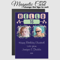 Hello 16 birthday 2 photo blue magnetic card