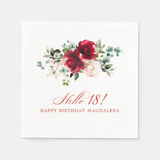 Hello 18 Birthday Party Red Pink Floral Napkin (Front)