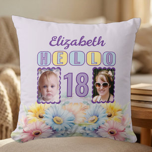 Hello 18 name 2 photos gerbera flowers purple throw pillow