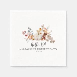 Hello 19 Fall Pumpkin Leaves Custom Birthday Napkin