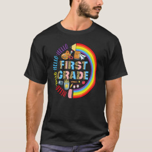 Hello 1st Grade Leopard Back To School Pencil Rain T-Shirt