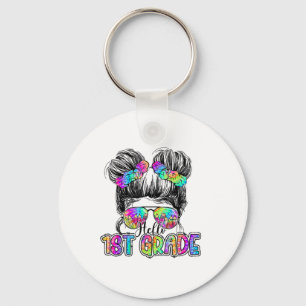 Hello 1st Grade Messy Hair Bun Girl Ck To School F Keychain