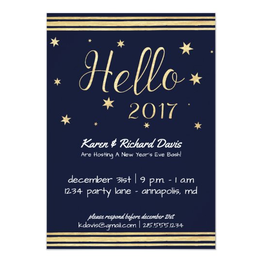 Hello 2017 New Year's Eve Gold & Blue Invitation