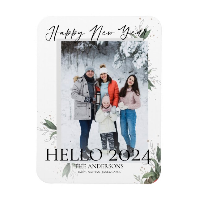 Hello 2024 Elegant Floral Script Happy New Year Magnet (Vertical)