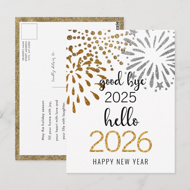 Hello 2024 Gold Glitter New Year Festive Fireworks Postcard (Front/Back)