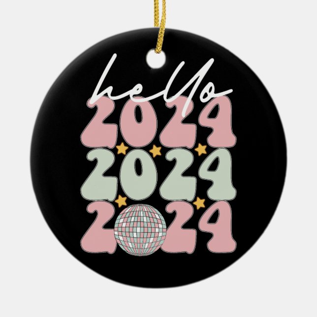 Hello 2024 Groovy Happy New Year Christmas Ceramic Ornament (Front)