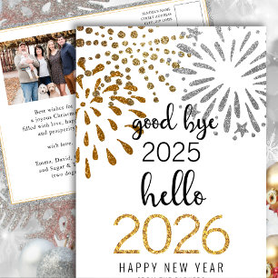 Hello 2025 Festive Fireworks New Year Gold Photo Holiday Postcard