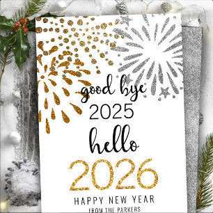 Hello 2025 Gold Glitter Festive Fireworks New Year Holiday Card