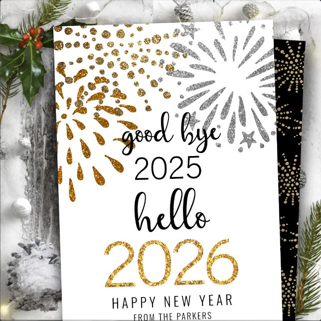 Hello 2025 Gold Glitter Festive Fireworks New Year Holiday Card (Creator Uploaded)