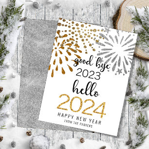 Hello 2025 Gold Glitter Festive Fireworks New Year Holiday Card