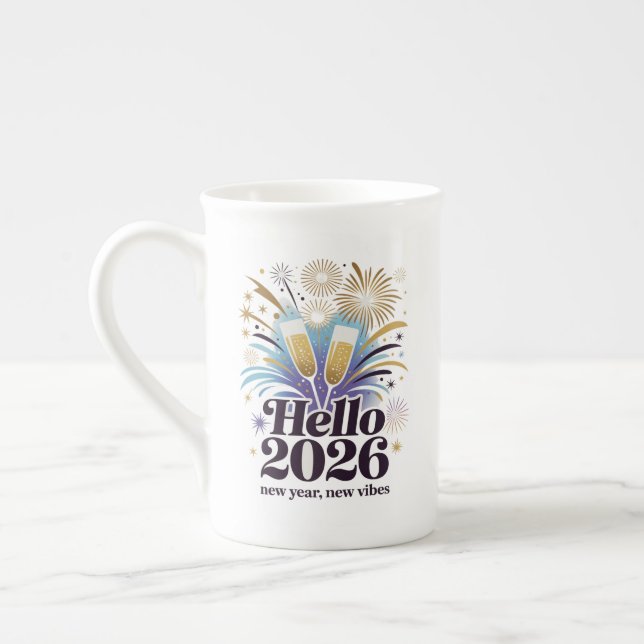 Hello 2026 Celebration– New Year Sparkle Design Bone China Mug (Left)