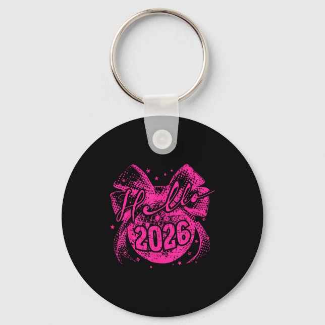 Hello 2026 Disco Ball Coquette Bow Happy New Year  Keychain (Front)
