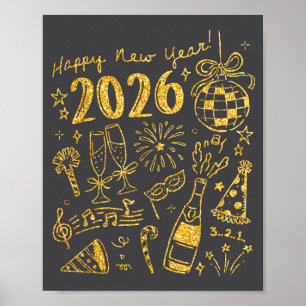 Hello 2026 Disco Ball Coquette Bow Happy New Year Poster