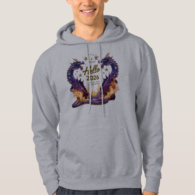 Hello 2026 Dual Dragon Fire Pullover Hoodie (Front)