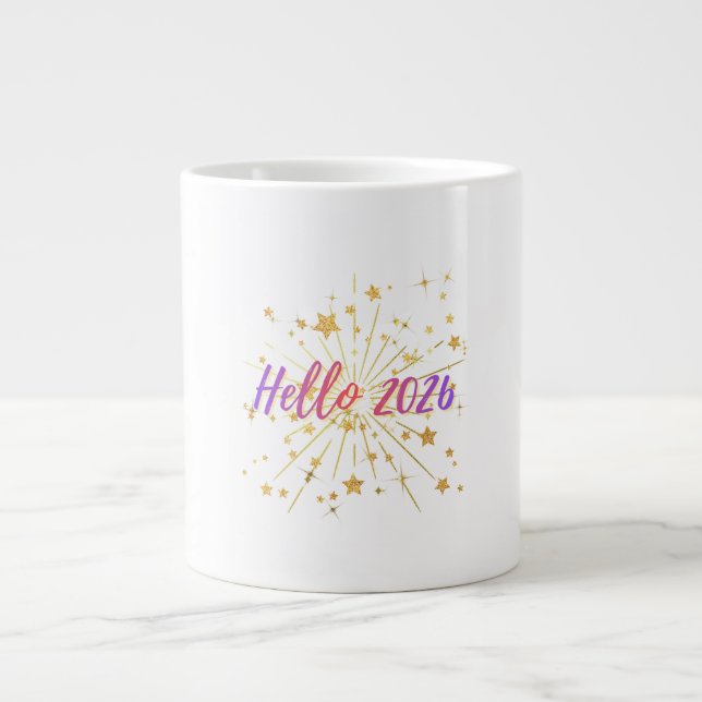 Hello 2026 – New Year Celebration Sparkle Design Large Coffee Mug (Front)