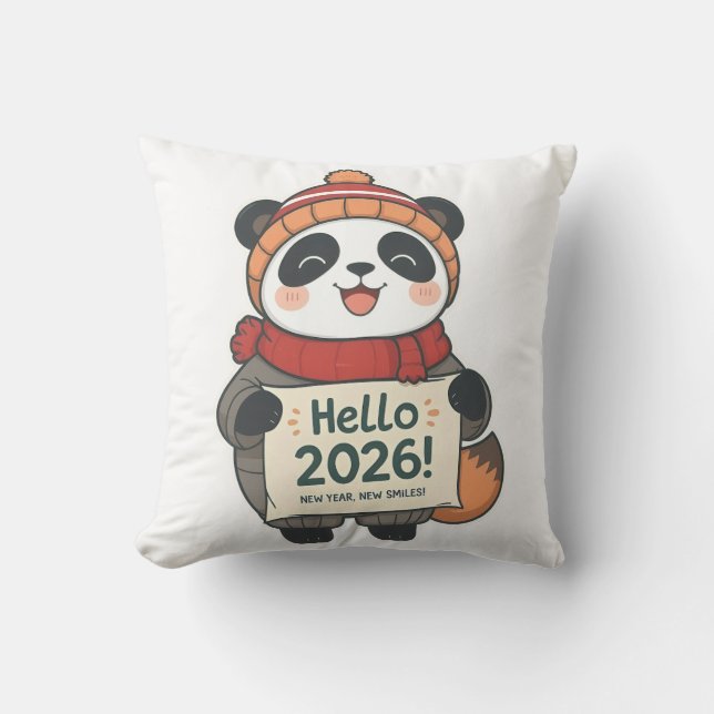 Hello 2026 Panda Tee Throw Pillow (Front)