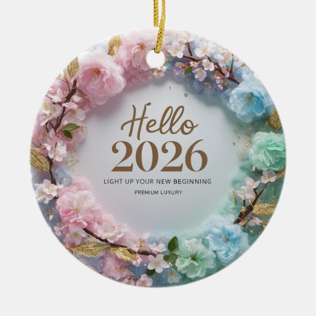Hello 2026 Pastel Floral Wreath Ceramic Ornament (Front)