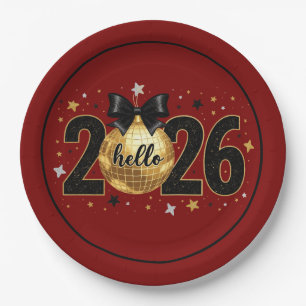 Hello 2026 Red Glitter Sparkle Design Paper Plate