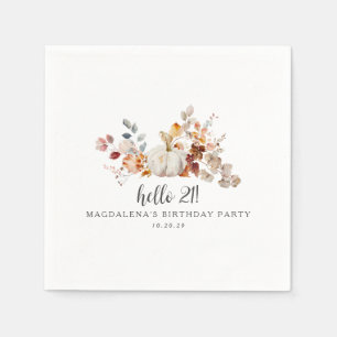 Hello 21 Fall Pumpkin Leaves Custom Birthday Napkin