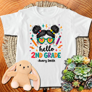 Hello 2nd Grade Messy Hair Bun Girl Back To School T-Shirt