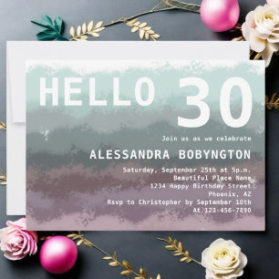 Hello 30 birthday ombre teal purple white invitation