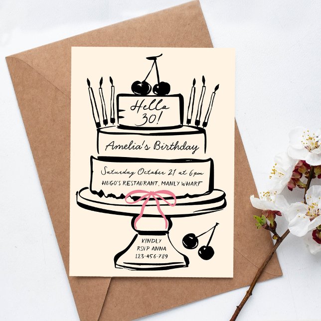 Hello 30, Hand drawn Pink Bow Contemporary Cake Invitation (Creator Uploaded)