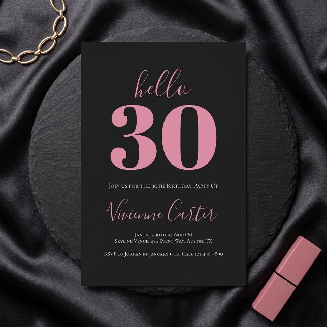 Hello 30 Script Pink Black 30th Birthday Party Invitation (Hello 30 Script Pink Black 30th Birthday Party Invitation)