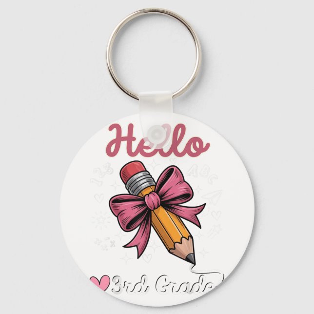 Hello 3rd Grade Back To School Coquette Pencil Bow Keychain (Front)