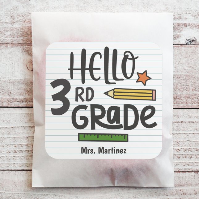 Hello 3rd Grade School Square Sticker (Personalize this back to school sticker with just a few clicks.)