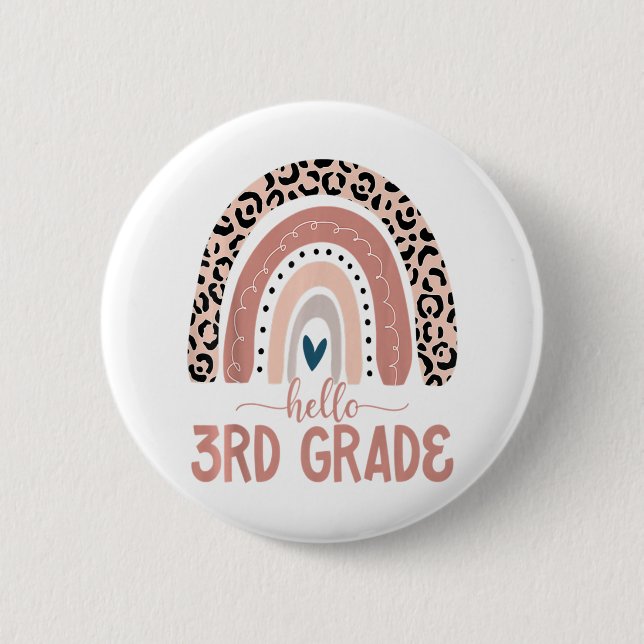 Hello 3rd Grade Teacher Leopard Rainbow Back To 2 Inch Round Button (Front)