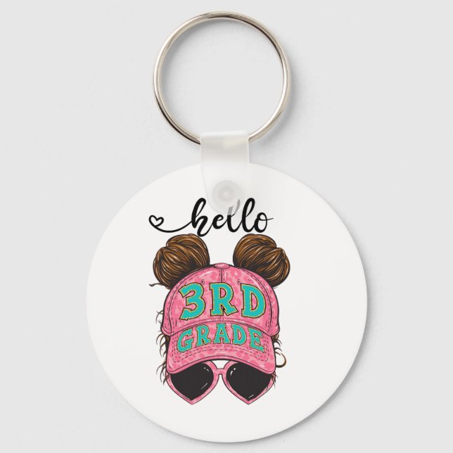 Hello 3rd Third Grade Messy Bun Hair Ck To School  Keychain (Front)