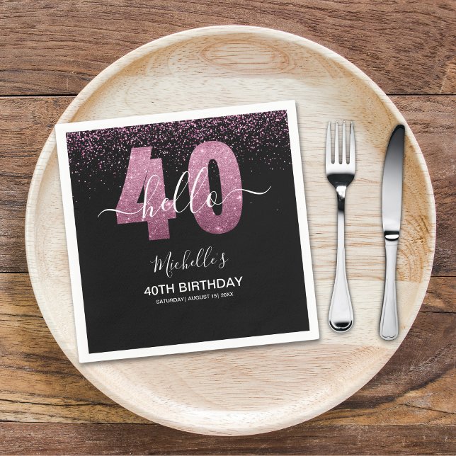 Hello 40! Modern 40th birthday with Pink glitter Napkin (Creator Uploaded)