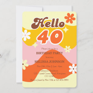Hello 40 Retro Wave Groovy Flower Birthday  Invitation