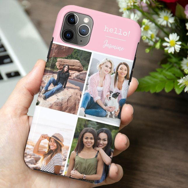 Hello! 4 Photo Collage Pretty Pink Personalized Case-Mate iPhone Case (Creator Uploaded)