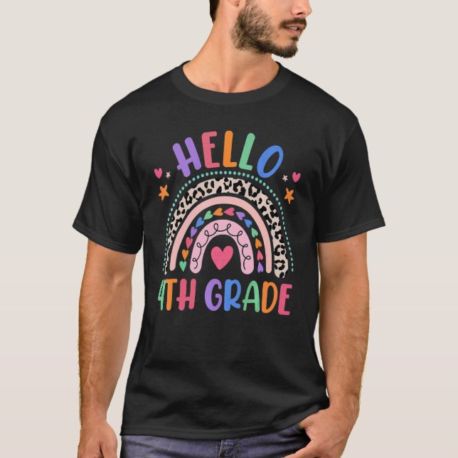Hello 4th Grade Leopard Boho Rainbow 1st Day Of Sc T-Shirt (Front)