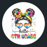 Hello 4th Grade Messy Bun First Day Of School Outf Classic Round Sticker<br><div class="desc">Hello 4th Grade Messy Bun First Day Of School Outfits Girls</div>
