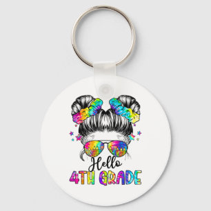 Hello 4th Grade Messy Hair Bun Girl Ck To School F Keychain