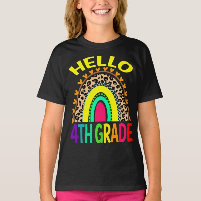 Hello 4th Grade Rainbow Leopard Back To School  T-Shirt (Front)