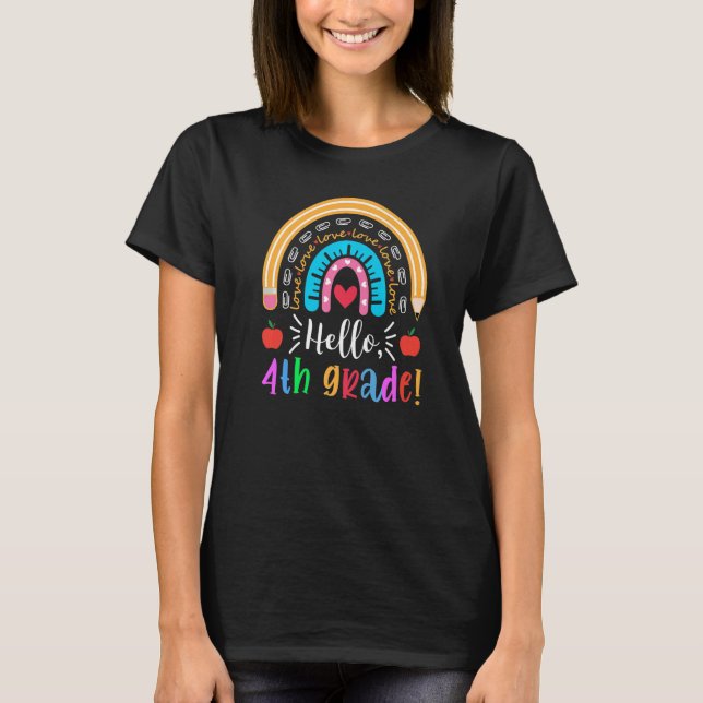 Hello 4th Grade Rainbow Pencil Apple First Day Tea T-Shirt (Front)