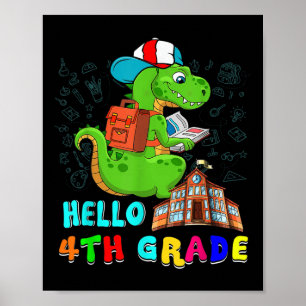 Hello 4th Grade T-rex Wearing School Bag Reading B Poster