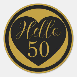 Hello 50 50th Birthday Black and Gold Heart  Classic Round Sticker