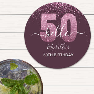 Hello 50! -50th Birthday with Pink glitter Round Paper Coaster