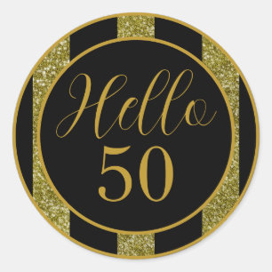 Hello 50 Birthday Black Gold Glitter Stripes Classic Round Sticker