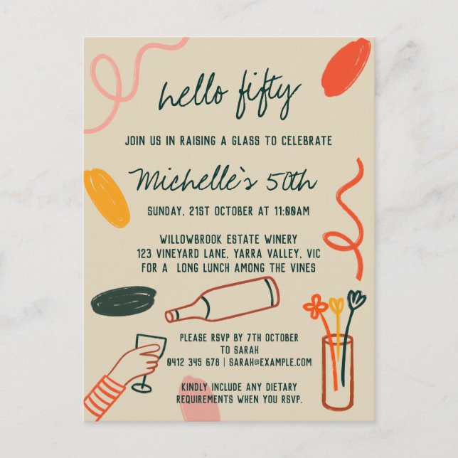 Hello 50 Fifty 50th Winery Lunch Birthday Postcard (Front)