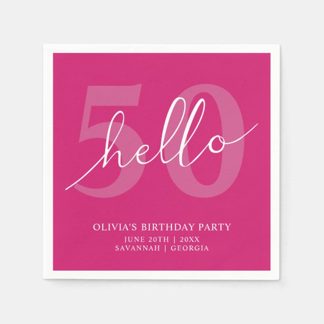 Hello 50 | Modern Hot Pink 50th Birthday Custom Napkin (Front)