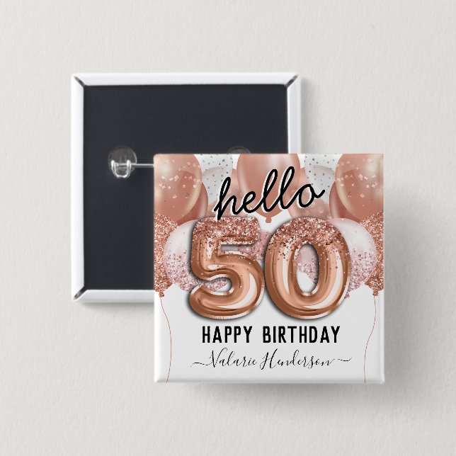 Hello 50 Pink Glitter Birthday Balloons 2 Inch Square Button (Front & Back)