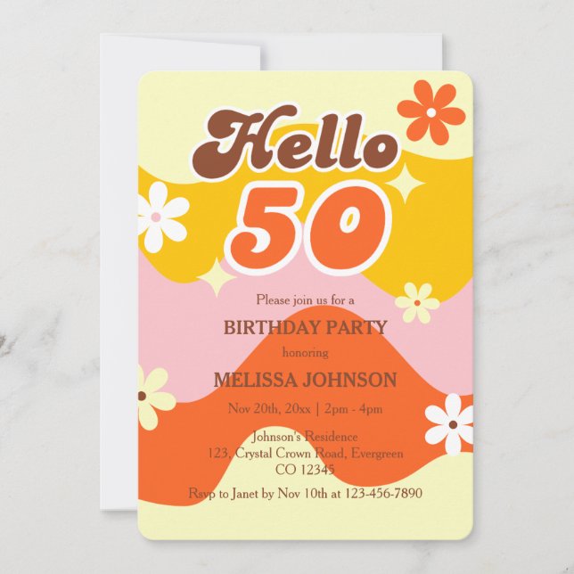 Hello 50 Retro Wave Groovy Flower Birthday  Invitation (Front)