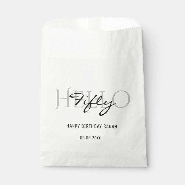 Hello 50th Birthday Elegant White Calligraphy Favour Bag (Front)